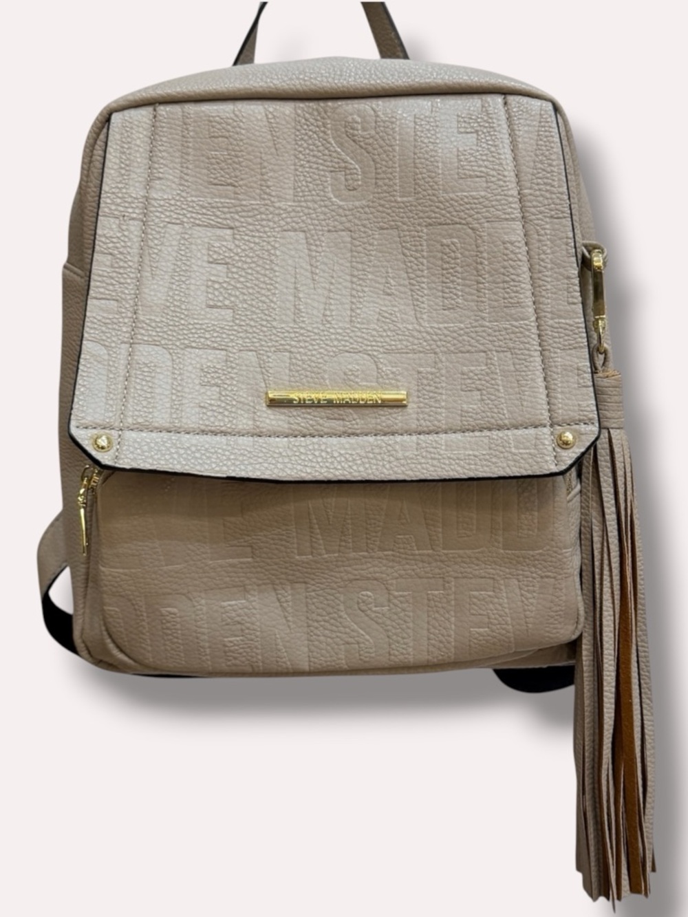Steve Madden Mini Backpack Taupe Logo Tassel Gold Faux Leather Purse